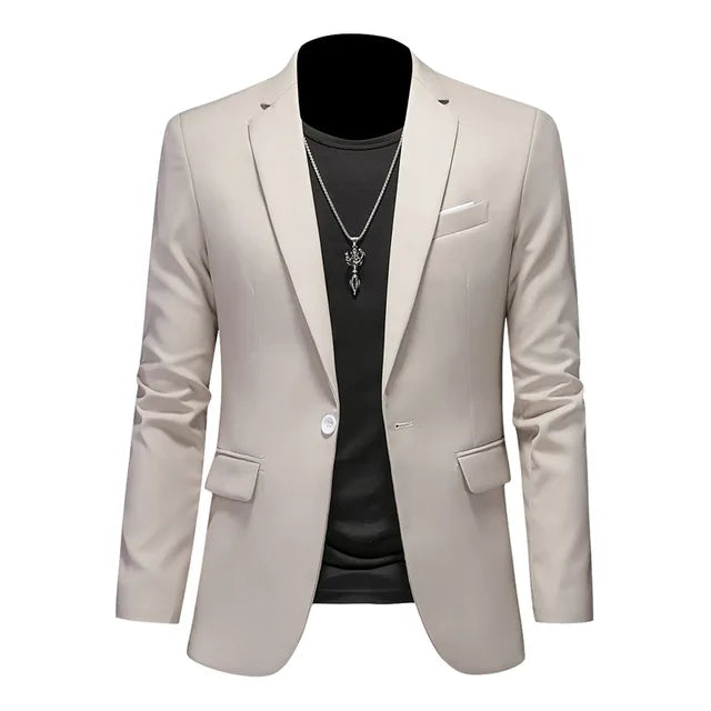 Modern men's outerwear blazer, single-breasted with sophisticated notched lapel, a key fashion piece.