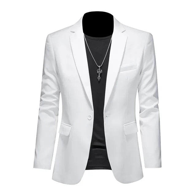 Front view of a dark men's tailored blazer, single-breasted cut, ideal for formal business wear.
