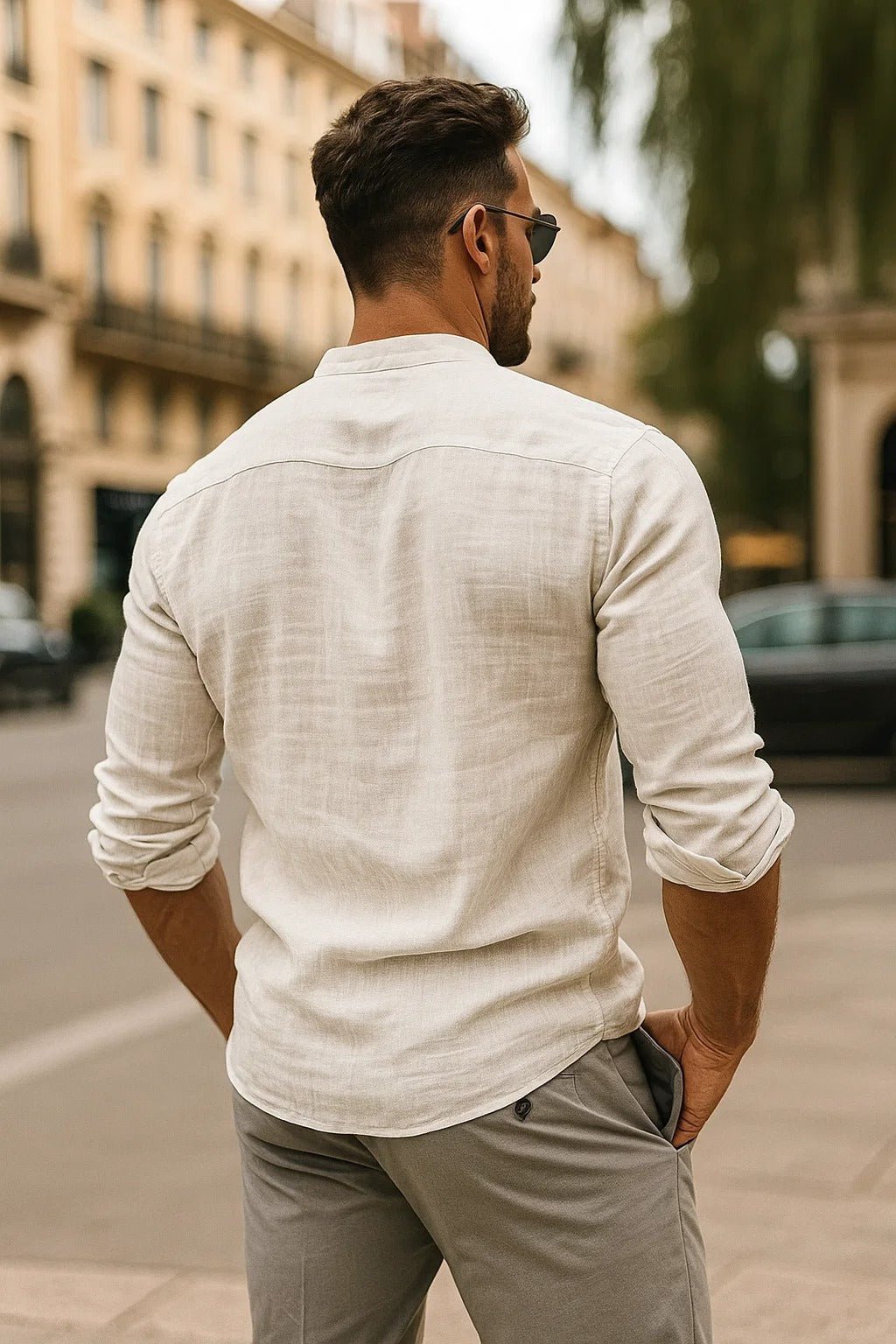 Regular-fit men's long sleeve shirt with a band collar, made from breathable linen for versatile summer fashion.