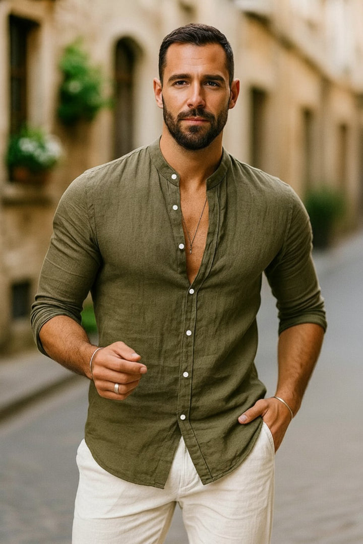 Comfortable men's long sleeve linen shirt with grandad collar. Regular-fit, great for smart casual summer outfits.