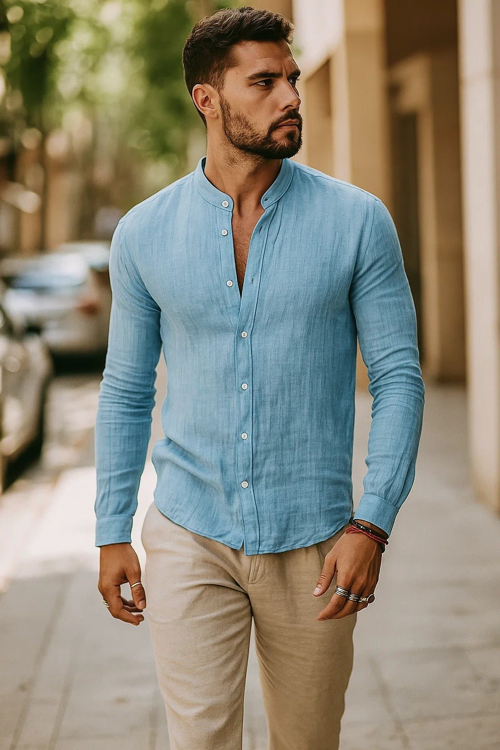 Men's long sleeve regular-fit grandad collar shirt. Breathable linen fabric, perfect for smart casual summer looks.