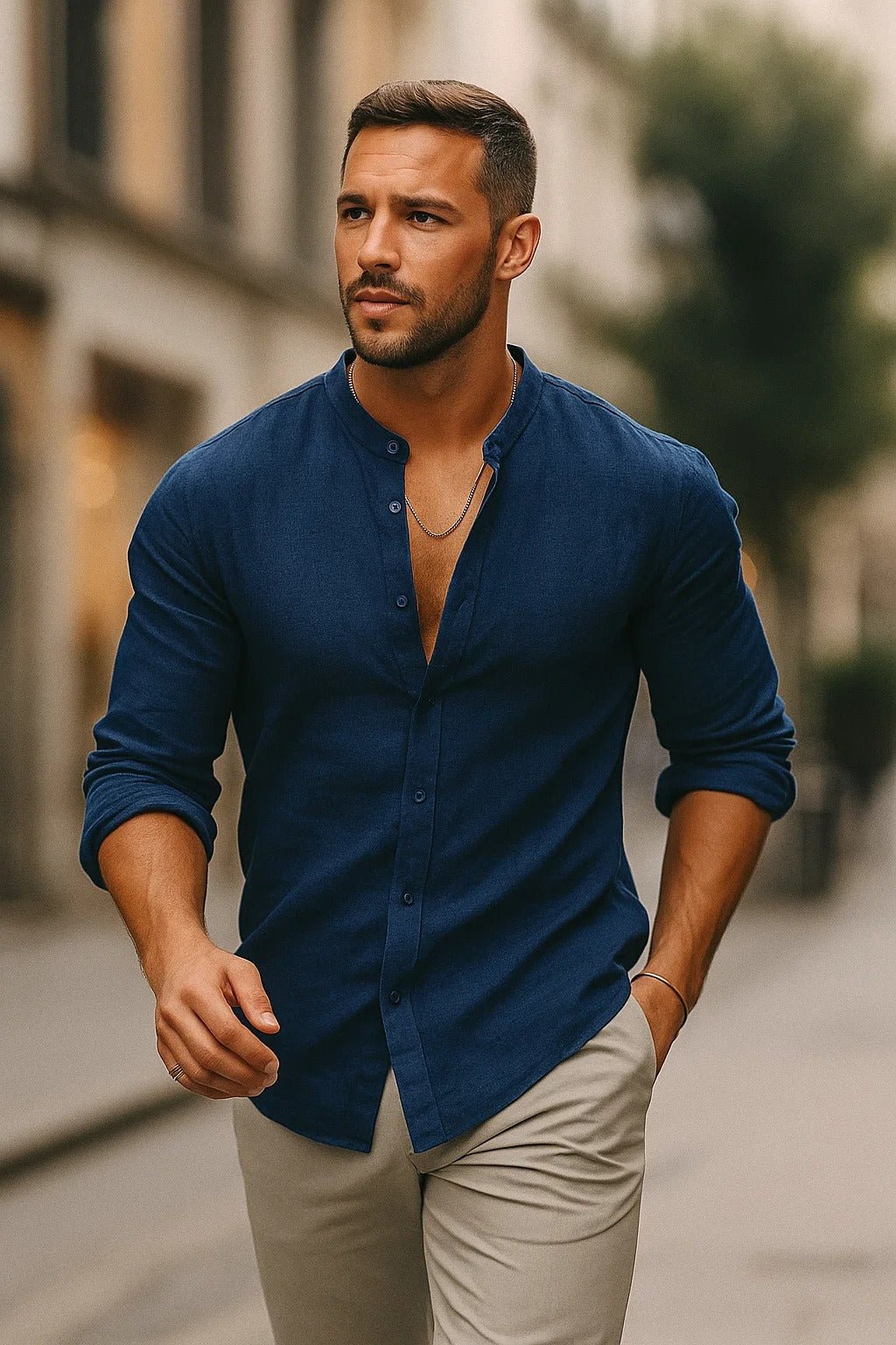 Soft men's regular-fit linen shirt, long sleeve with a grandad collar. Breathable fabric for stylish summer wear.