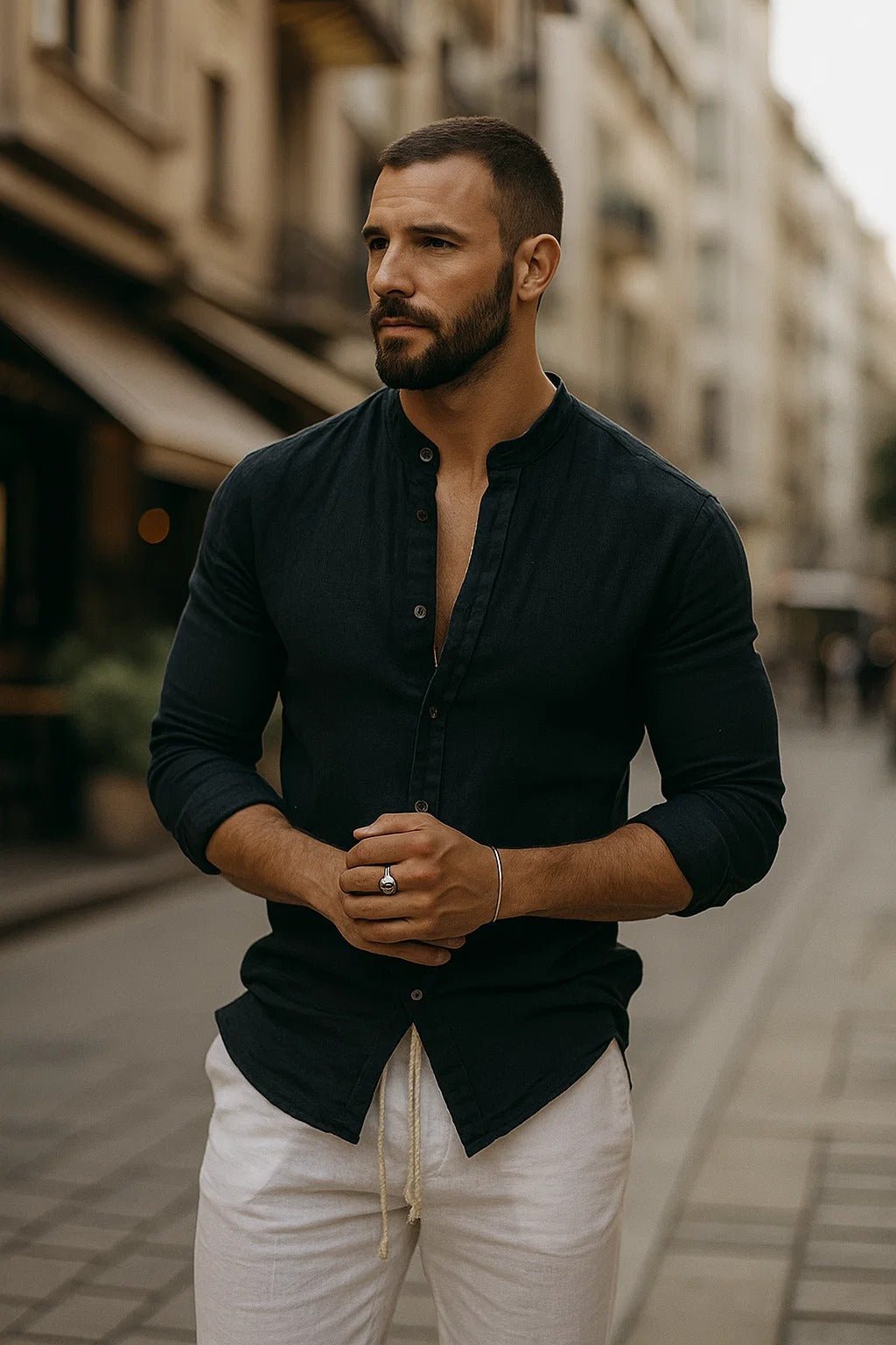Men's breathable long sleeve linen shirt. Regular-fit grandad collar style, versatile for smart casual summer fashion.