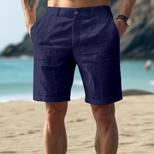 Versatile men's linen button-front shorts for summer. Regular fit ensures comfort for beach, casual or holiday wear.