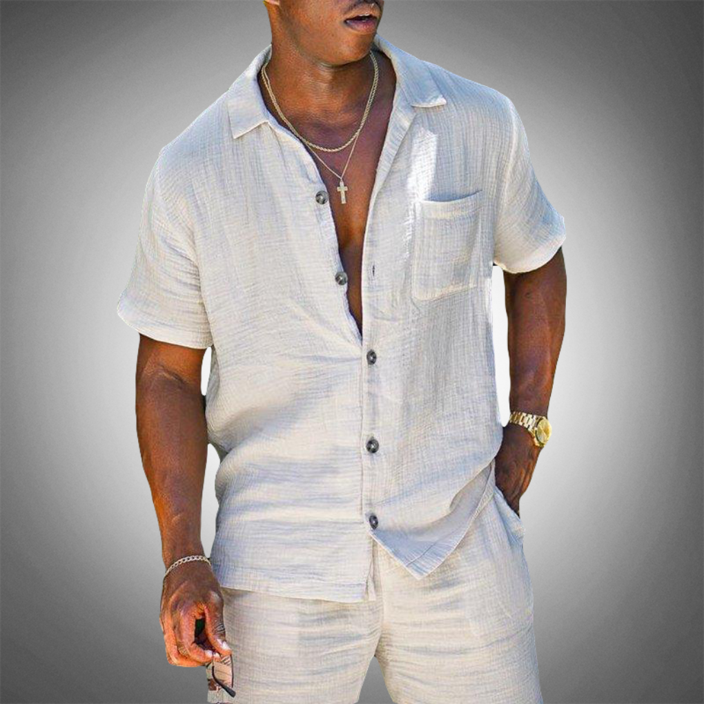 Men's relaxed beige two-piece shirt & trouser set, perfect for comfortable summer casual wear.