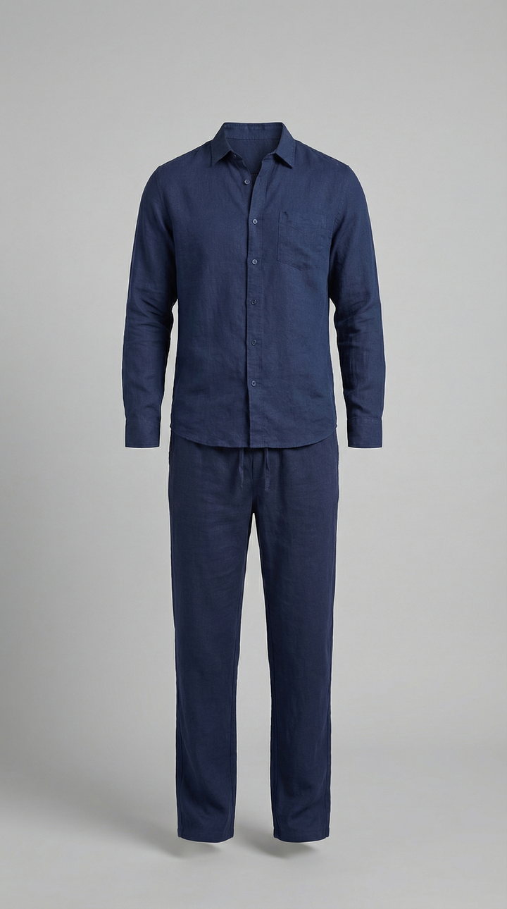 Back view of the men's relaxed co-ord set, showing the clean lines of the matching shirt and trousers.