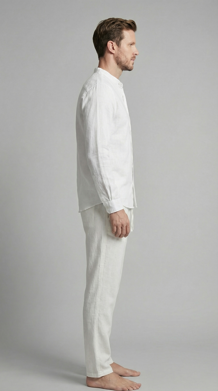 Effortless style: men's relaxed co-ord set, including a button-down shirt & matching elastic waist trousers.