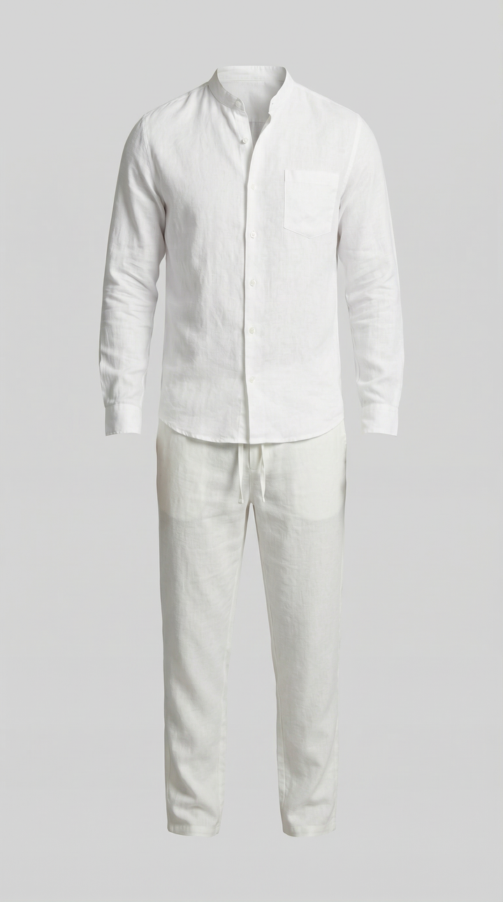 Trendy men's relaxed co-ord set: stylish shirt & trousers outfit, combining comfort with modern fashion.