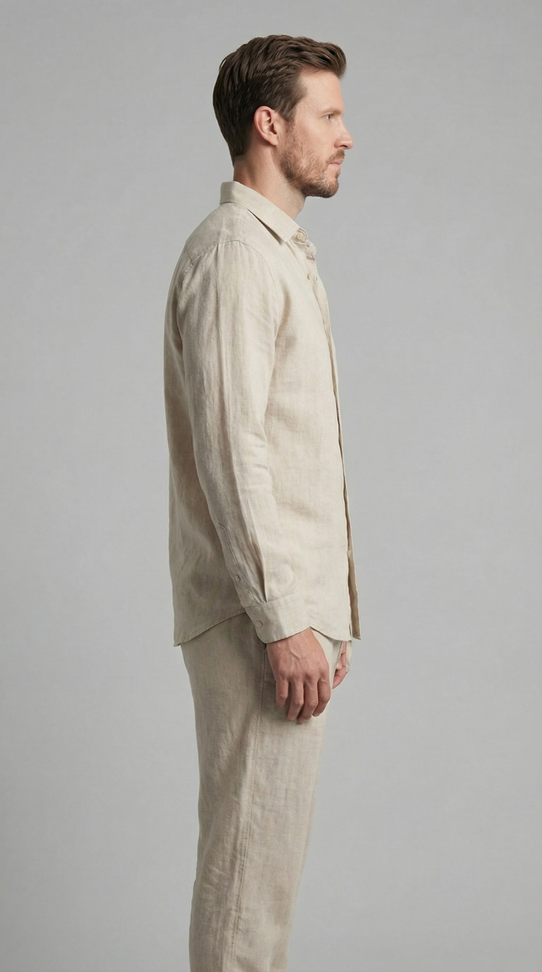 Men's summer fashion: comfortable relaxed co-ord set with a breezy shirt and easy-fit trousers.