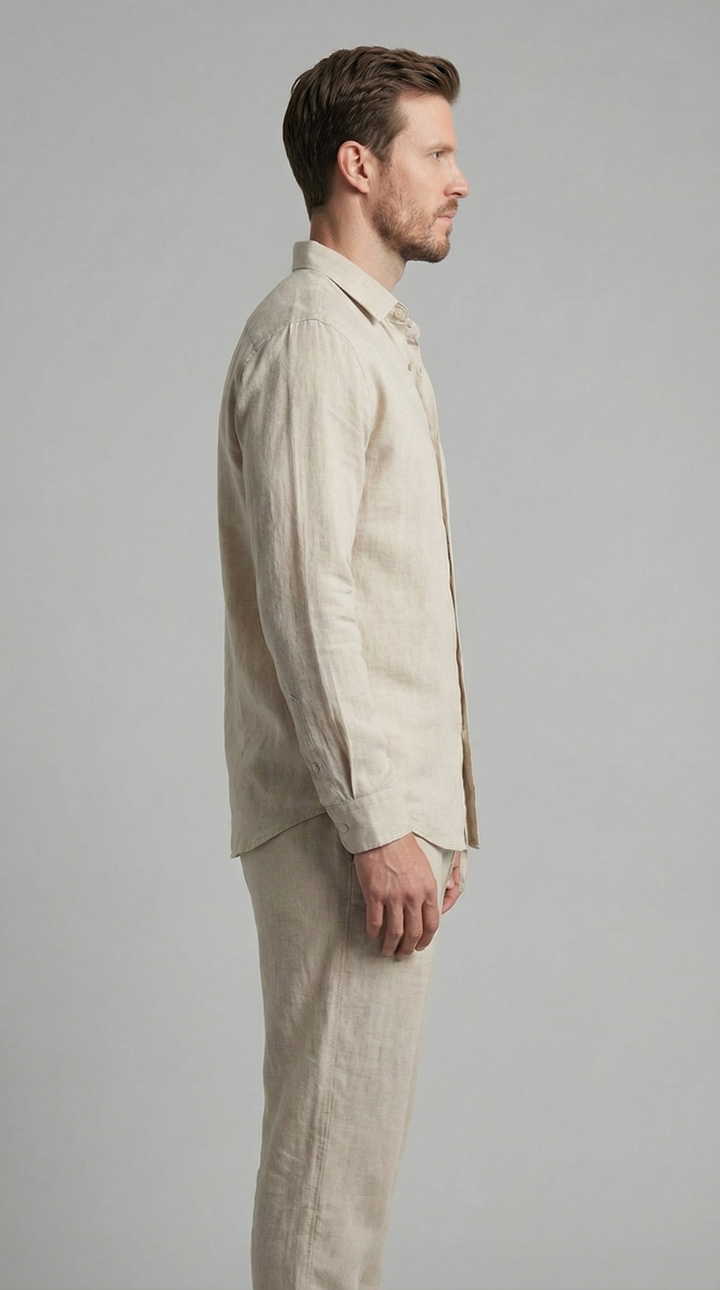 Men's summer fashion: comfortable relaxed co-ord set with a breezy shirt and easy-fit trousers.