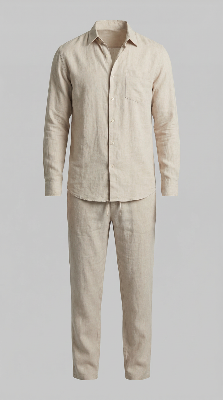 Men's comfortable matching set: relaxed button-up shirt & drawstring trousers, great for casual outings.
