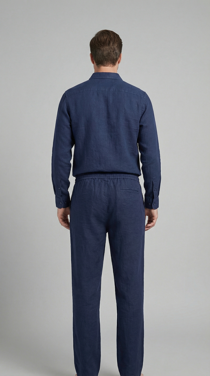 Full shot of the men's relaxed co-ord set, showcasing effortless style of the shirt & trousers outfit.