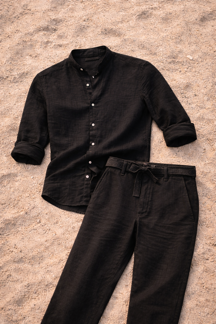 Soft men's relaxed fit co-ord set, featuring a contemporary collarless shirt & comfortable summer trousers.