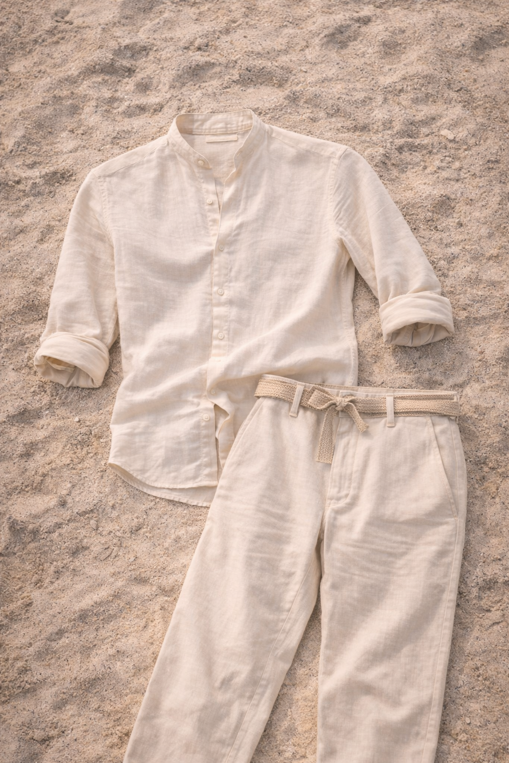 Men's vacation wear: relaxed co-ord set with a stylish collarless shirt and comfortable trousers for summer.