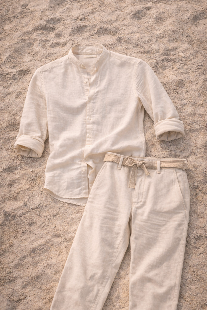 Men's vacation wear: relaxed co-ord set with a stylish collarless shirt and comfortable trousers for summer.