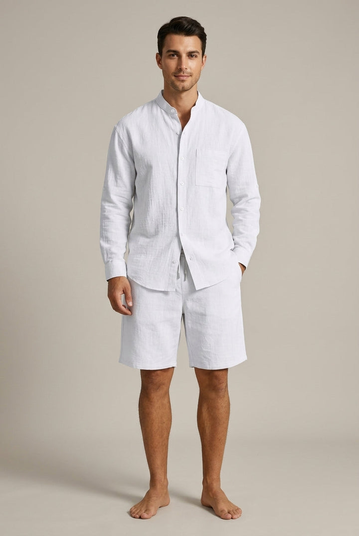 Men's relaxed fit band collar long sleeve shirt and drawstring shorts 2-piece set, perfect for summer casual wear.