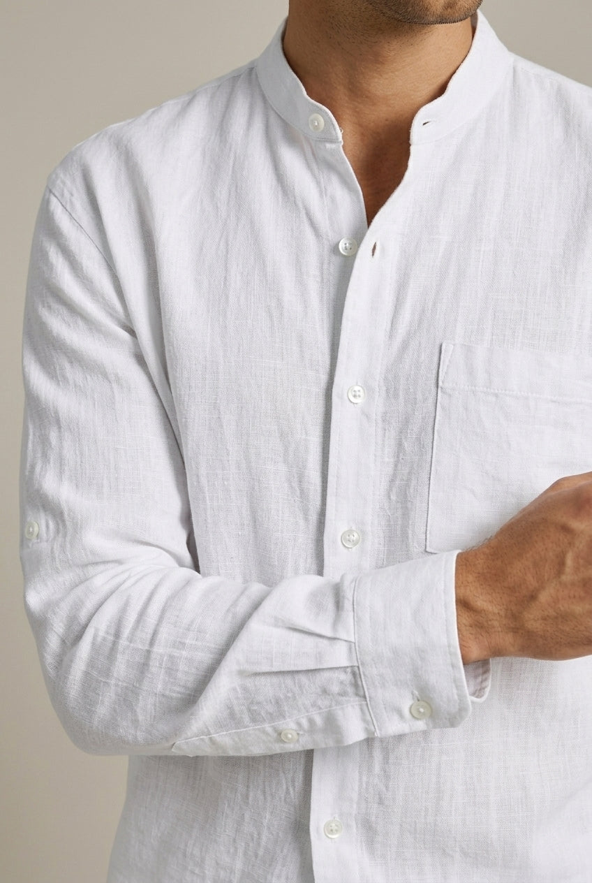 Stylish men's band collar long sleeve shirt & shorts coordinated set for beach wear, holiday fashion, and summer.