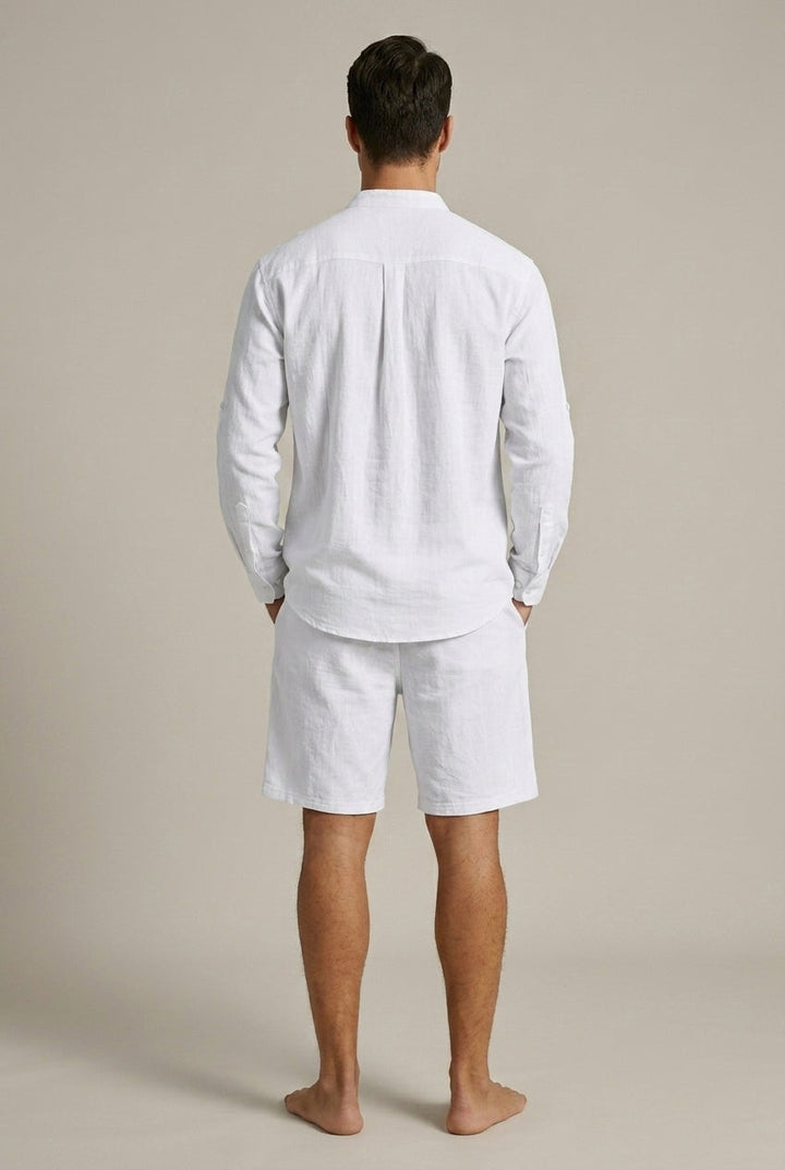 Comfortable men's relaxed long sleeve band collar shirt & drawstring shorts set, ideal for casual summer outfits.
