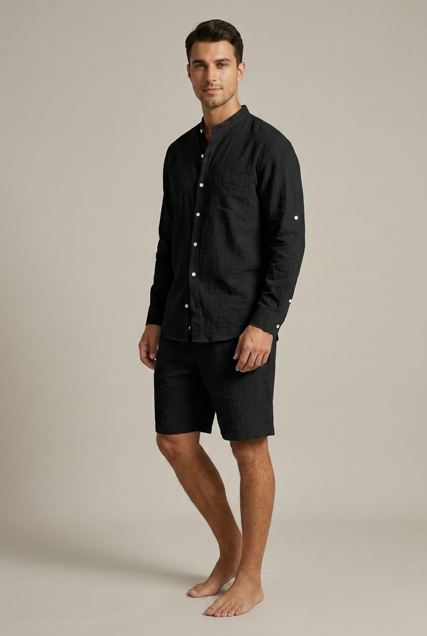 Men's long sleeve band collar shirt and matching drawstring shorts set, a trendy two-piece summer casual outfit.