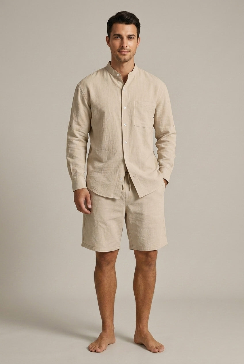 Men's summer holiday fashion: relaxed band collar long sleeve shirt and drawstring shorts 2-piece set for comfort.