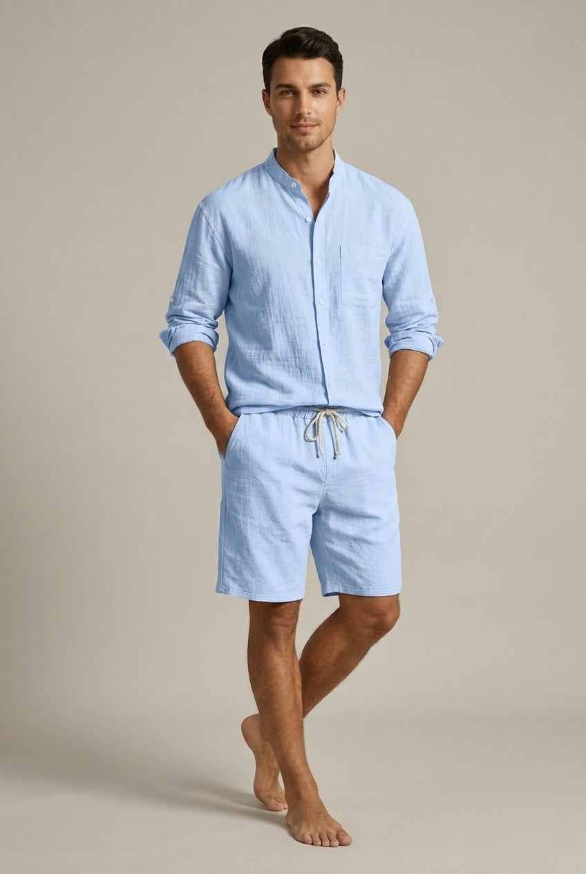 Versatile men's coordinated band collar long sleeve shirt & shorts set, perfect for casual summer and beach outfits.