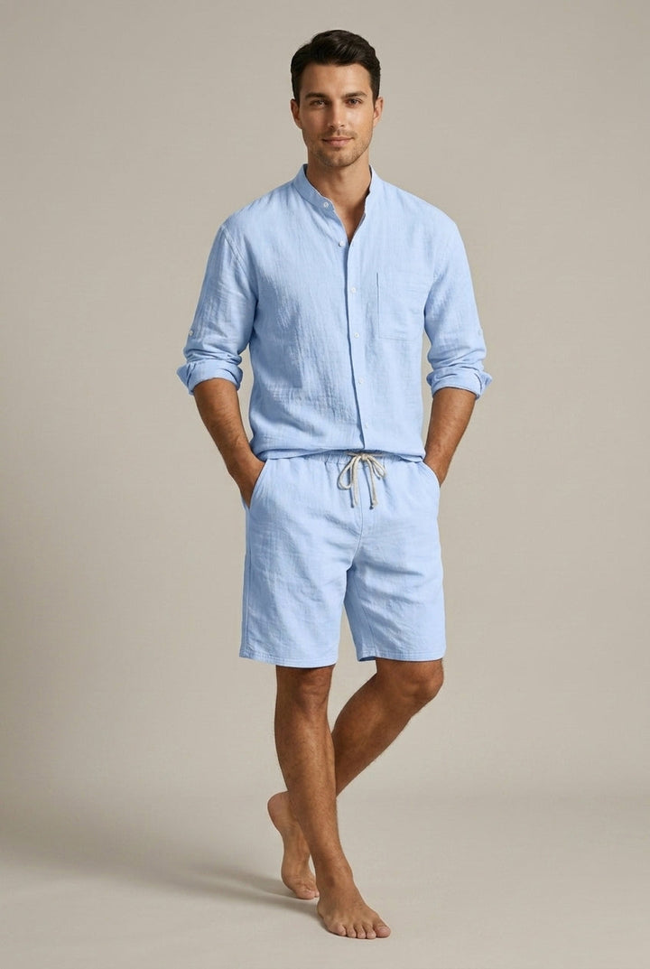 Versatile men's coordinated band collar long sleeve shirt & shorts set, perfect for casual summer and beach outfits.