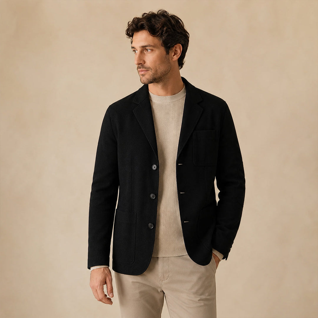 Khaki men's relaxed fit blazer. Versatile smart casual jacket for workwear or weekend style.