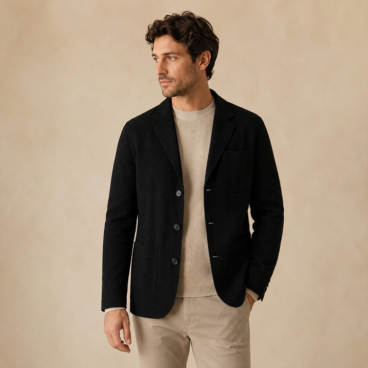 Khaki men's relaxed fit blazer. Versatile smart casual jacket for workwear or weekend style.
