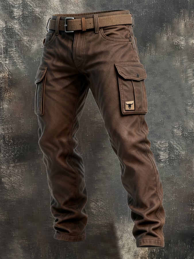 Men's relaxed fit brown utility cargo pants with multiple pockets, ideal for casual wear and everyday fashion.
