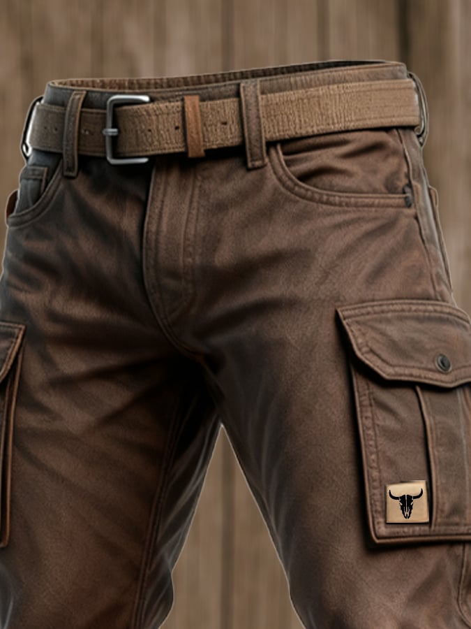 Versatile men's brown cargo pants, comfortable & relaxed fit, with multi-pockets, perfect for travel & casual style.