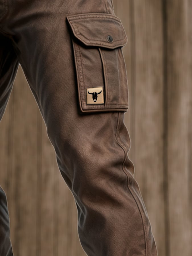 Stylish men's brown utility cargo pants featuring practical multi-pockets, perfect for a relaxed & comfortable fit.