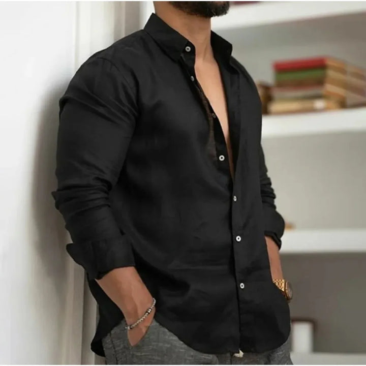 Collared men's long sleeve button-down casual shirt, relaxed fit, perfect for smart casual summer style.