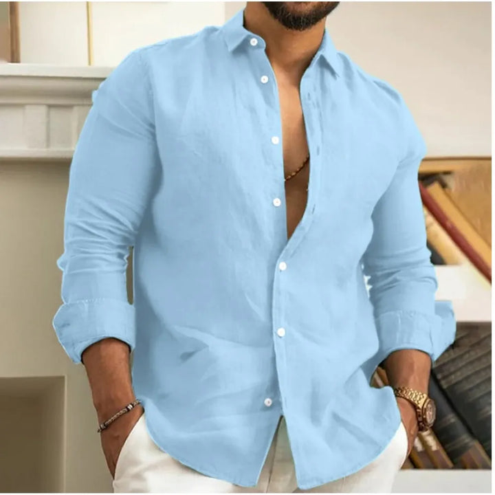 Stylish men's relaxed fit long sleeve button-down casual shirt, ideal for summer and everyday comfort.