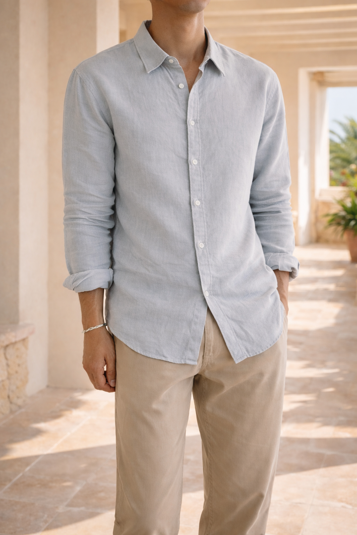 Men's smart casual button-down shirt, long sleeve, relaxed fit, a timeless wardrobe essential for spring/summer.