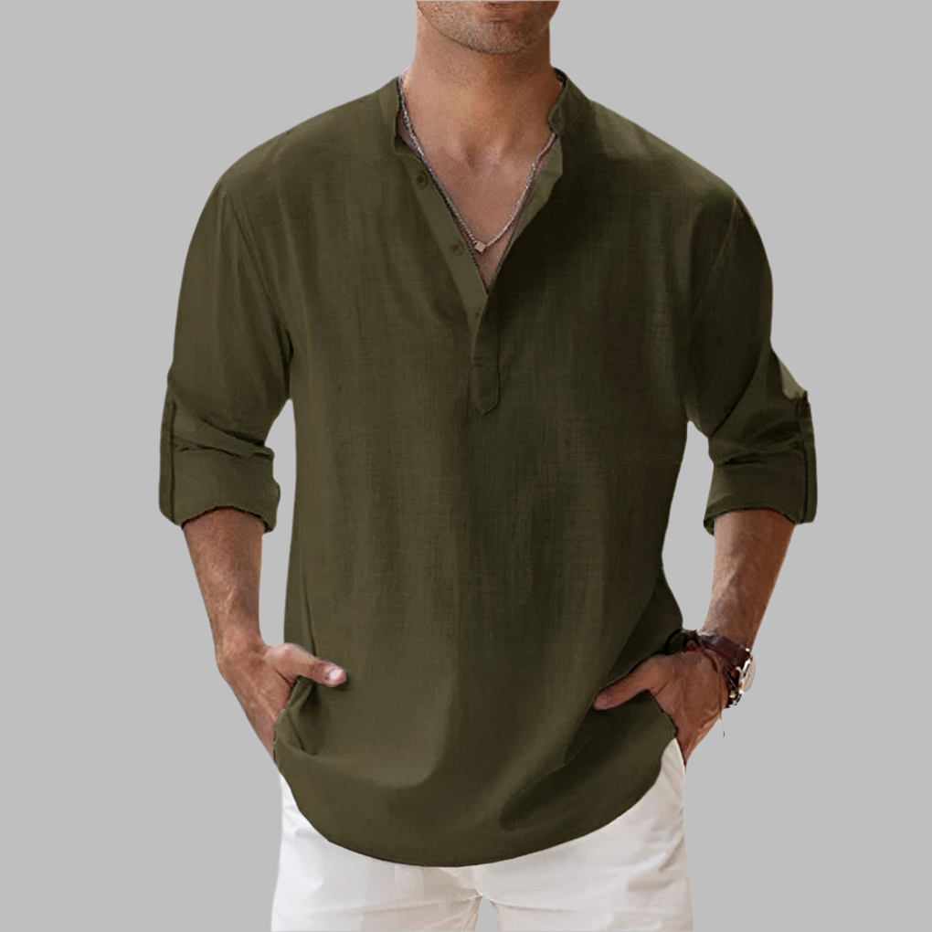 Men's relaxed fit long sleeve collared button-down summer shirt, ideal for casual warm weather fashion.