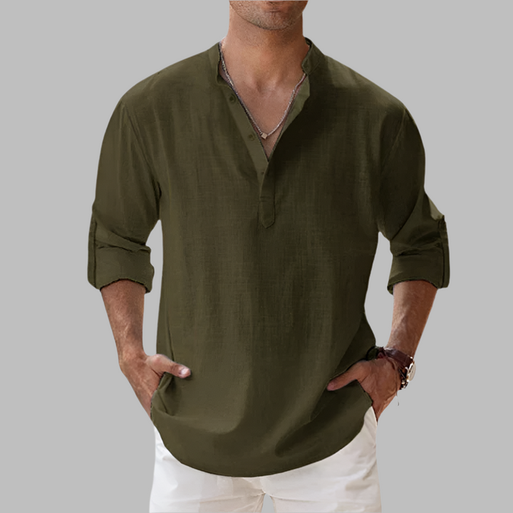 Men's relaxed fit long sleeve collared button-down summer shirt, ideal for casual warm weather fashion.