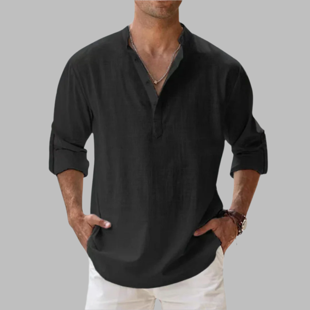 Stylish men's long sleeve collared shirt, perfect for summer vacation and relaxed warm weather wear.