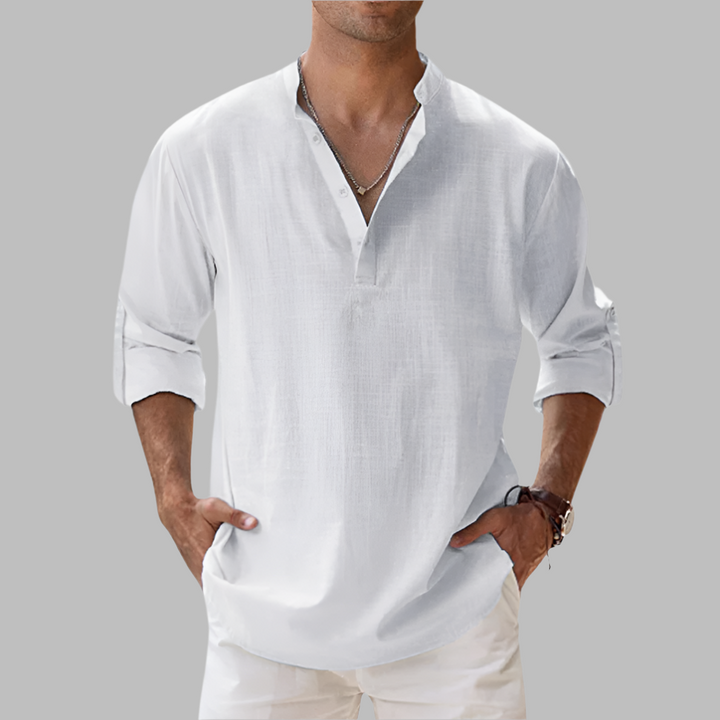 Casual long sleeve men's summer shirt with button-down collar, great for warm weather fashion.
