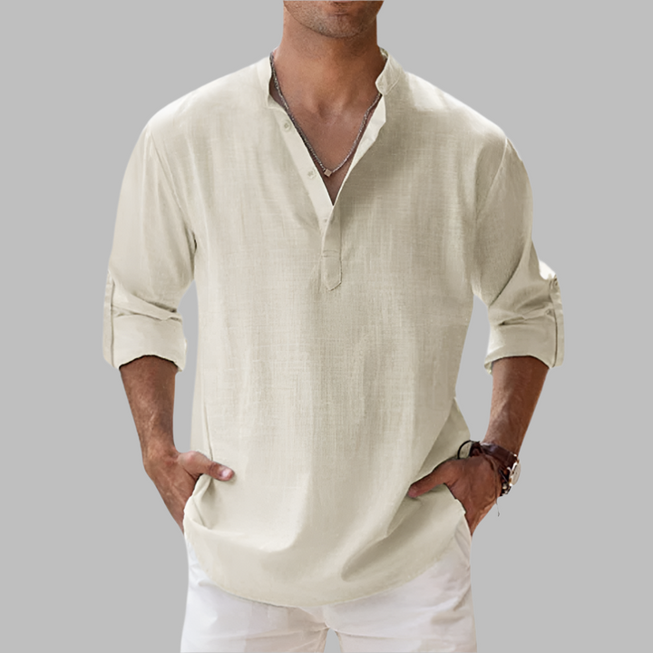 Men's summer relaxed fit button-down shirt, a stylish and comfortable long sleeve option for warm weather.
