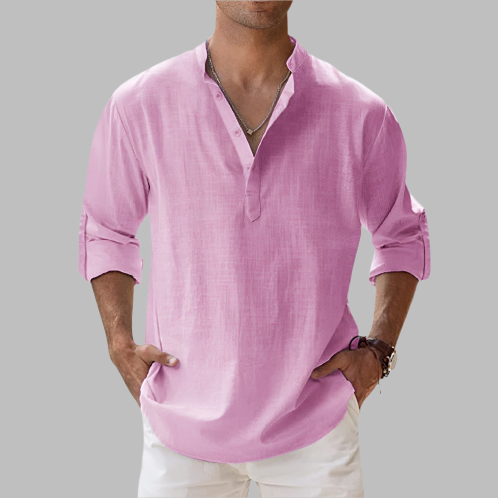 Vacation-ready men's button-down summer shirt, a relaxed fit for warm weather comfort and style.