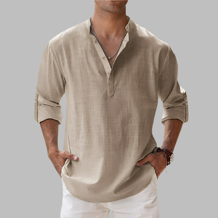 Fashionable men's summer shirt, relaxed fit, long sleeve button-down for stylish warm weather wear.