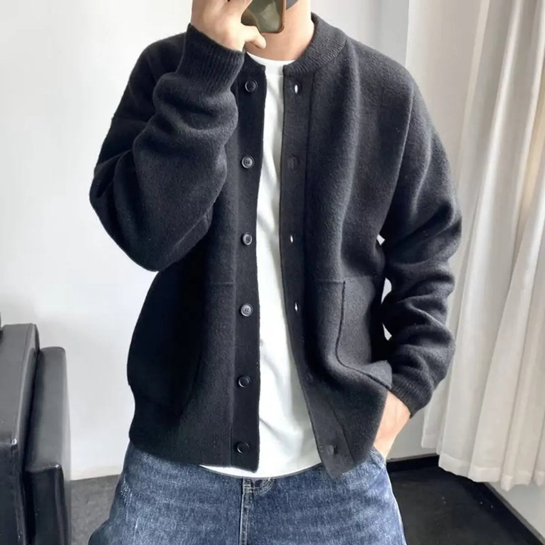Men's fashion relaxed fit button-up long sleeve cardigan with round neck for stylish, comfortable layering.