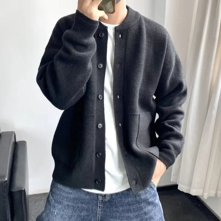 Men's fashion relaxed fit button-up long sleeve cardigan with round neck for stylish, comfortable layering.