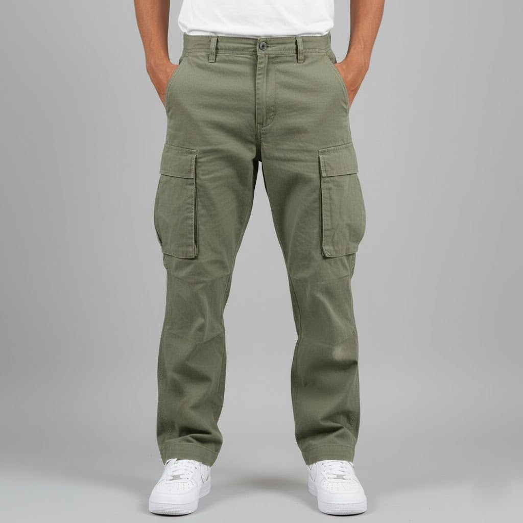 Men's comfortable relaxed fit cargo pants, a staple for streetwear with practical side utility pockets.
