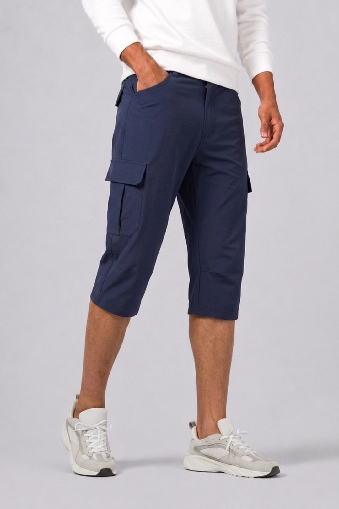 Comfortable men's cargo shorts in khaki, designed for warm weather outdoor activities.