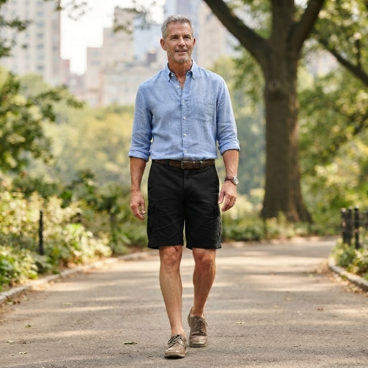 Comfortable men's relaxed fit cargo shorts featuring multiple pockets, great for casual summer adventures.