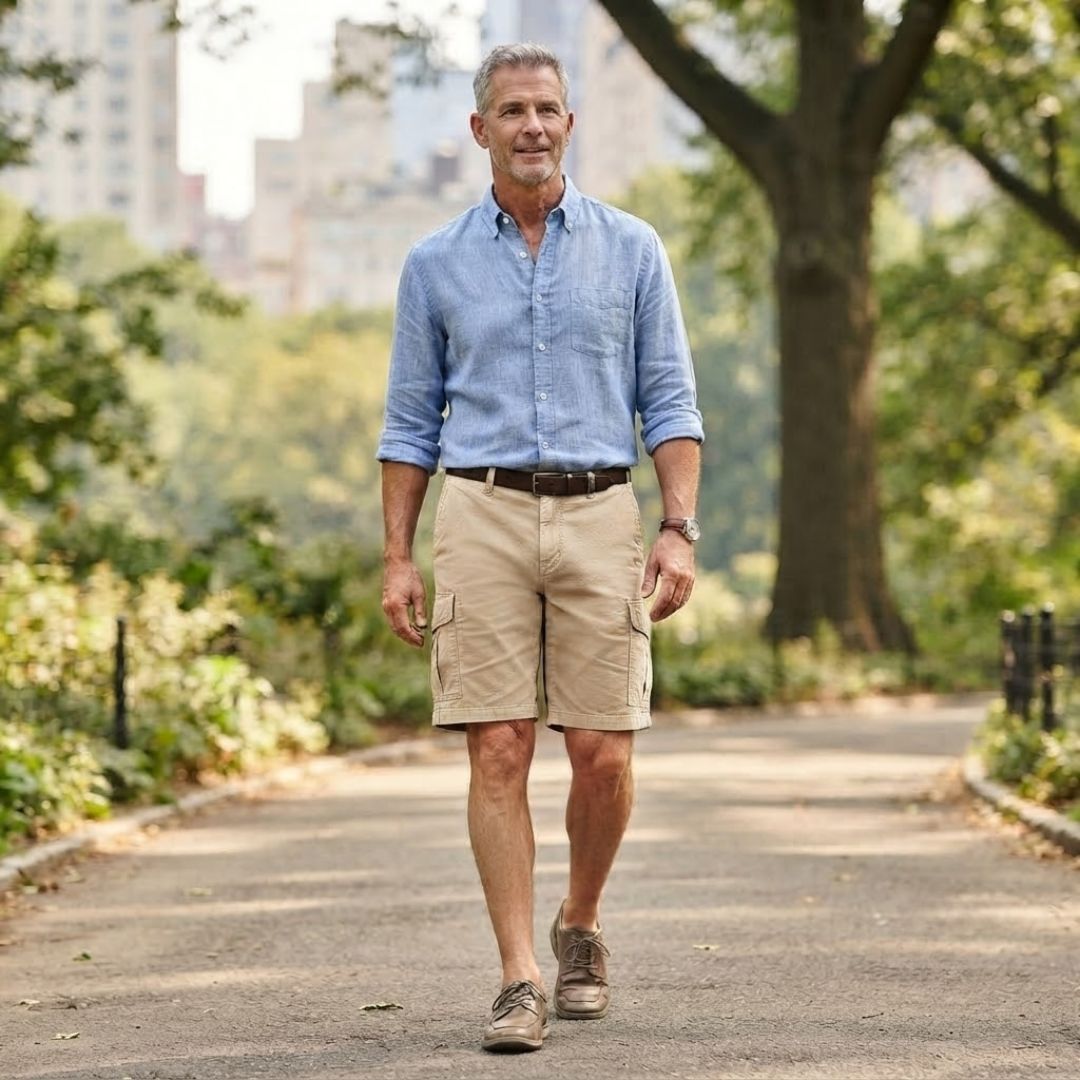 Stylish men's knee-length cargo shorts, relaxed fit, multi-pocket design for ultimate casual comfort.