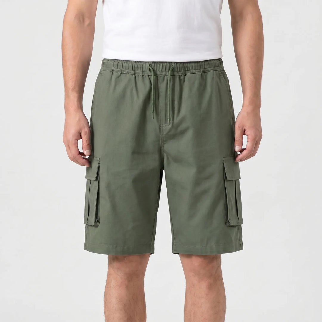 Comfortable men's relaxed fit drawstring cargo shorts, versatile for summer adventures and stylish everyday fashion.