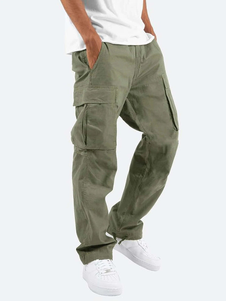 Front view of men's relaxed fit utility cargo pants, showcasing practical multi-pocket design for everyday use.