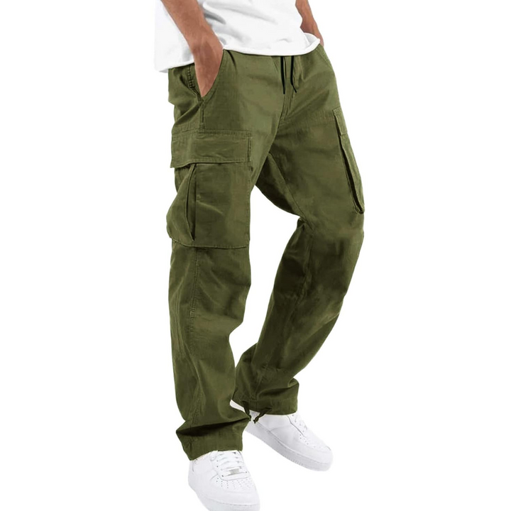 Men's relaxed fit cargo trousers in khaki, versatile multi-pocket utility pants for casual everyday wear.